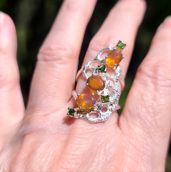 FIRE 🔥 Opals & Chrome Diopside sterling ring sz 7 - Picture 7 of 8